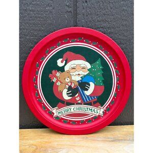 Vintage Round Metal Merry Christmas Santa Cookie Tin Serving Tray Red Taiwan
